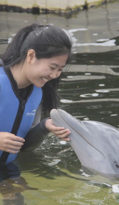 Chan interacts with a dolphin during one of her courses.